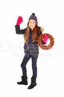 Girl with wreath waiving.