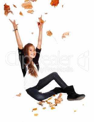 Girl with falling leaves.