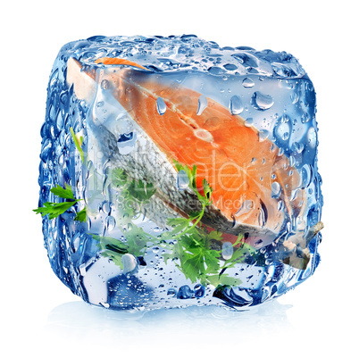 Fish steak in ice cube