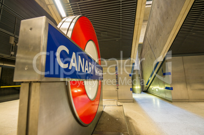 LONDON - AUG 30: Underground sign inside Canary Wharf Station on