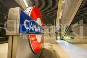 LONDON - AUG 30: Underground sign inside Canary Wharf Station on