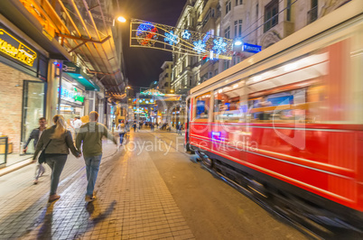 ISTANBUL, TURKEY - SEPTEMBER 13: Old tramway speeds up in Istikl