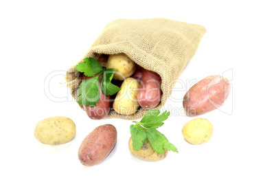 bunte Kartoffeln im Jutesack
