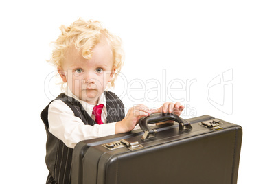 Boy in Vest Suit and Tie with Briefcase On White