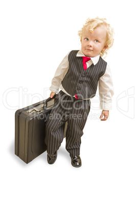 Boy in Vest Suit and Tie with Briefcase On White