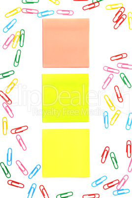 stickers and a set of paper clips isolated on white background