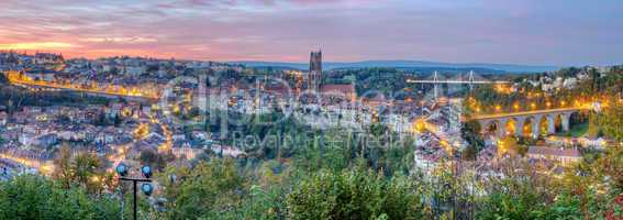 View of cathedral, Poya and Zaehringen bridge, Fribourg, Switzerland, HDR