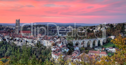 View of cathedral, Poya and Zaehringen bridge, Fribourg, Switzerland, HDR