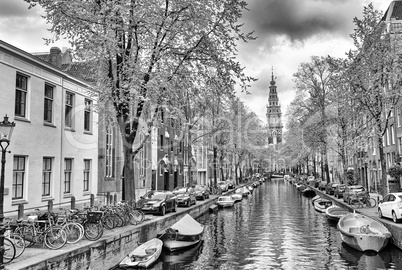 Amsterdam. Wonderful view of city canals and buildings in spring