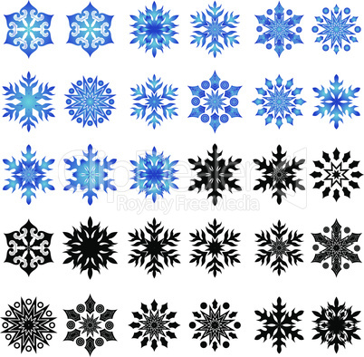 Set of thirty blue and black snowflakes