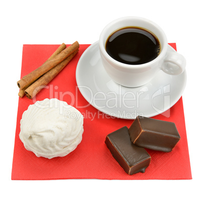 cup of coffee and sweets isolated on white background