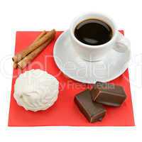 cup of coffee and sweets isolated on white background