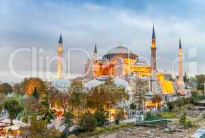 Hagia Sophia at dusk, Istanbul aerial view