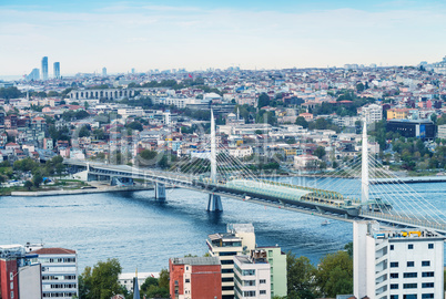 New Galata Bridge over Golden Horn, Istanbul aerial view