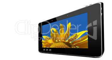 black tablet with beautiful sunflower isolated