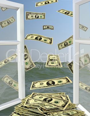 opened window to the sea with dollars