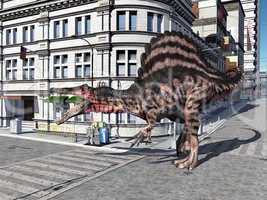 Dinosaurier Spinosaurus in einer Stadt