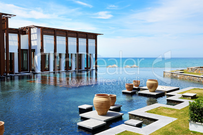 The restaurant and swimming pool near beach at luxury hotel, Cre