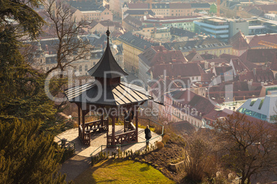 View of gazebo on Schlossberg hill on top of Graz city