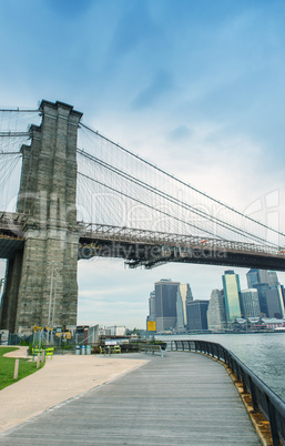 Beautiful view of Brooklyn Bridge and Manhattan skyline from Bro