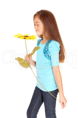 Girl smelling sunflower.