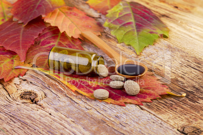 medicine bottle, pills on leaf and syrup in wooden spoon