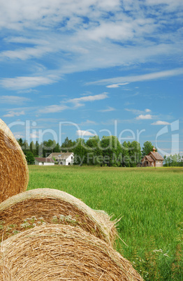 Finnish landscape with straw, farm and country church