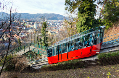 Funicular climbing to Schlossberg and Graz city panoramic view