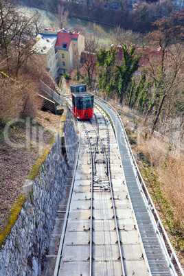 Funicular climbing to Schlossberg and Graz city panoramic view