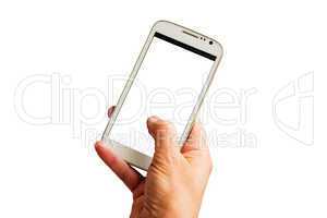 Hand mit weißem Smartphone