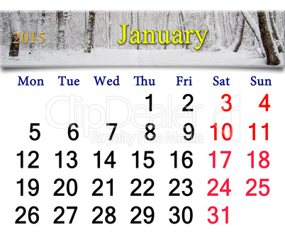 calendar for the January of 2015