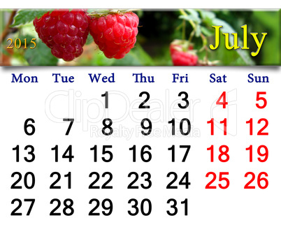 calendar for July of 2015 year with image of redraspberry