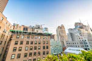Buildings and roof garden in Manhattan. Amazing view at sunset i