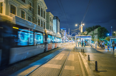 Istanbul train arriving in Sultanahmet Square at night