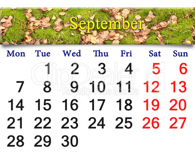 calendar for September of 2015 with the moss and leaves