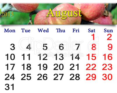 calendar for the August of 2015 year with apples