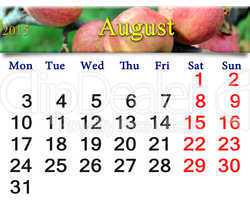 calendar for the August of 2015 year with apples