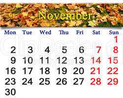 calendar for November of 2015 with the yellow leaves