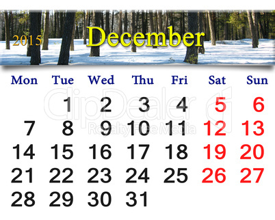 calendar for the December of 2015 with picture of winter forest