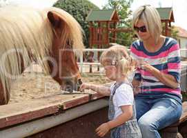 Little blonde girl and her mother feeding a horse at the zoo on sunny summer day