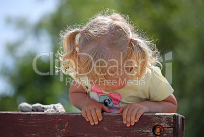 Little girl having fun at the top of a jungle gym