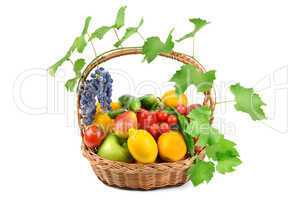 fruits and vegetables in a wicker basket