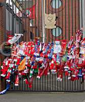 Liverpool, UK, April 15 2014 - Scarves hung to commemorate the 2