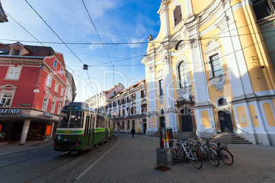 View of Annenstrasse street with typical green tram