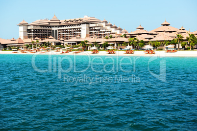 Beach of the luxury Thai style hotel on Palm Jumeirah man-made i