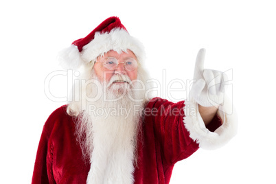 Santa Claus points at something