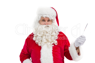 Portrait of perplexed santa holding
