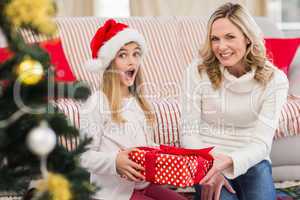 Festive mother and daughter on the couch with gift