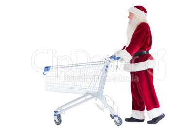 Santa pushes a shopping cart