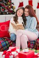 Festive mother and daughter reading on the couch